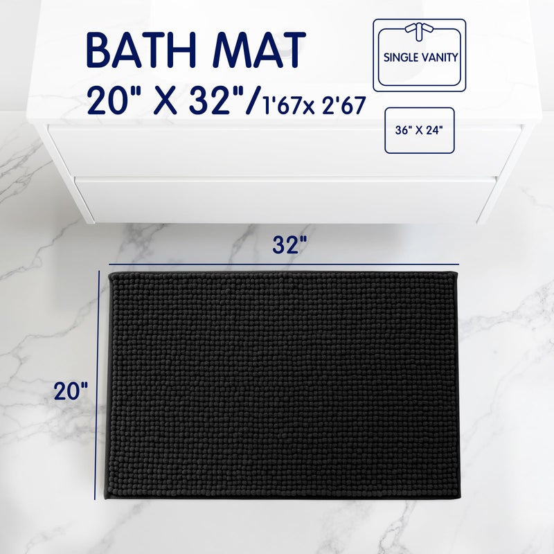 SUBRTEX Bathroom Rugs, 20" x 32" Chenille Bath Rug Soft Short Plush Bath Mat Soft Shower Mat Water Absorbent Shower Mat Quick Dry Machine Washable, Black - Image 2